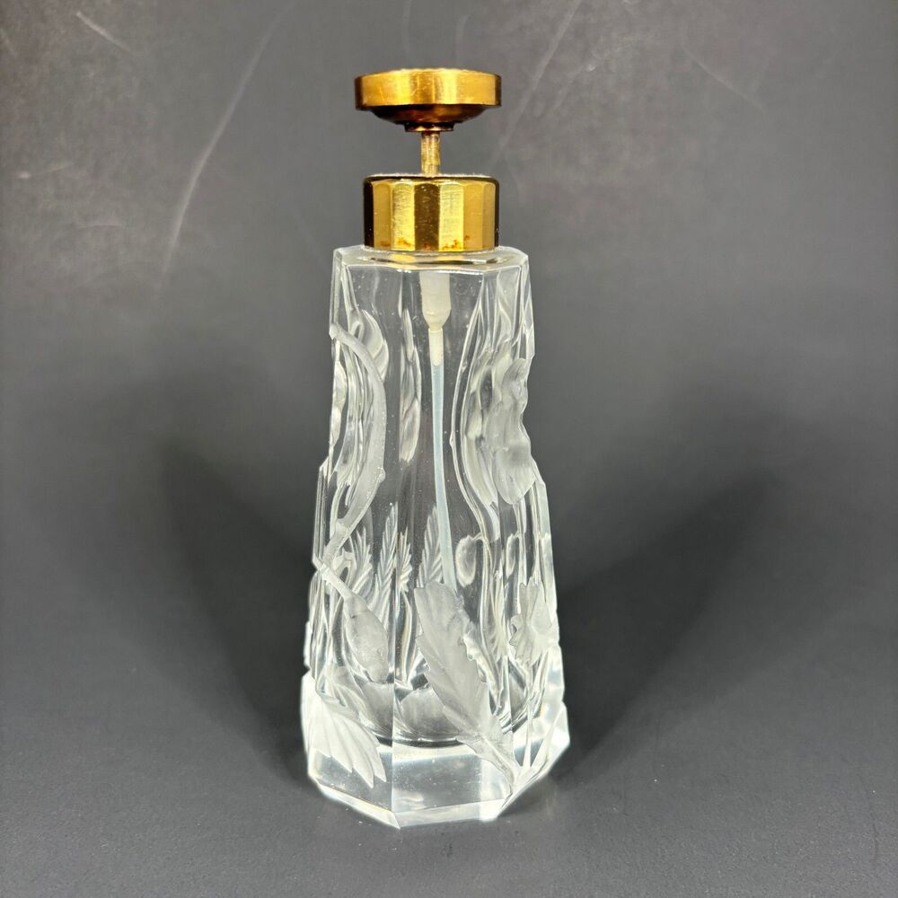 Moser Atomizer Perfume Bottle Intaglio Cut Floral Clear Glass Vintage - Picture 4 of 9
